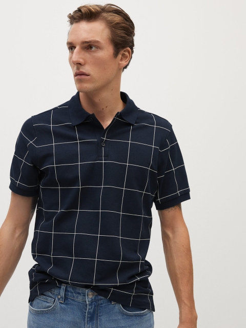 

MANGO MAN Navy Blue & White Checked Polo Collar T-shirt