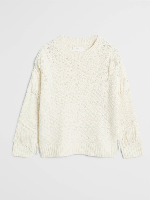 

Mango Kids Girls Off-White Self-Striped Open Knit Pullover with Fringes