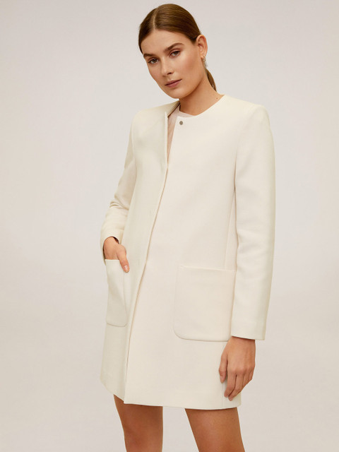 

MANGO Women Off-White Solid Hip length Overcoat