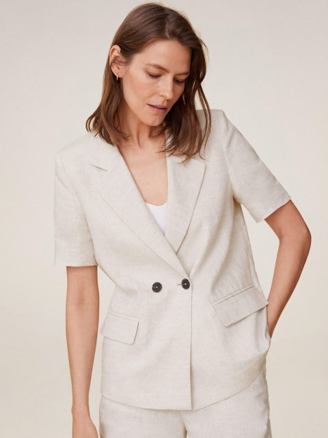 

MANGO Women Off-White Solid Linen Double-Breasted Blazer