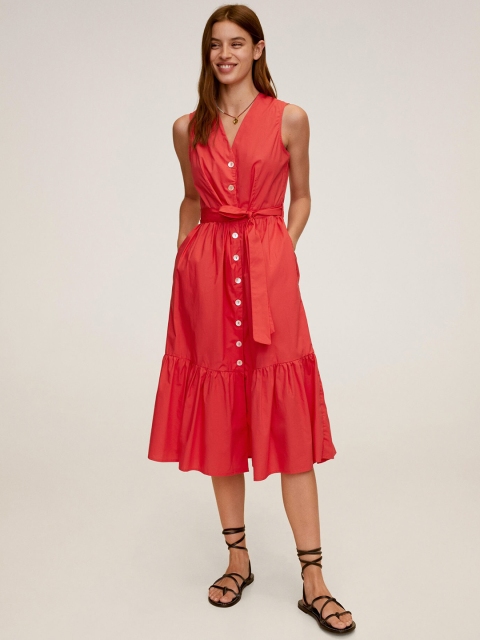 

MANGO Women Red Solid A-Line Dress with Belt