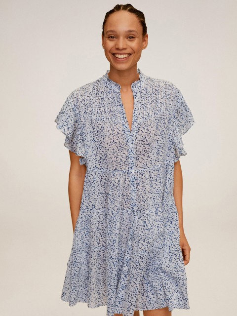 

MANGO Women Blue & White Floral Print Shift Dress