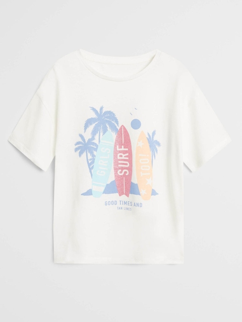 

Mango Kids Girls White & Blue Tropical Print Round Neck Sustainable T-shirt