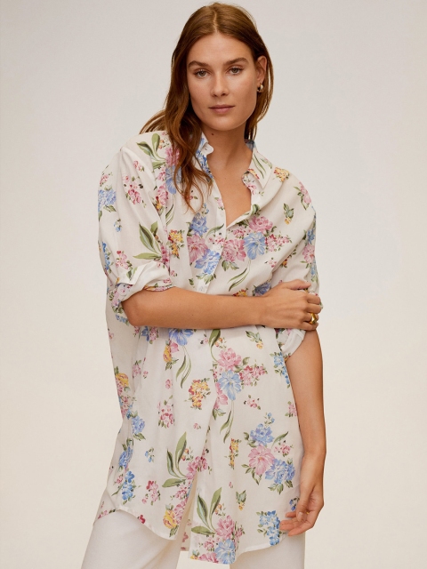 

MANGO Women Off-White & Blue Regular Fit Floral Printed Longline Casual Shirt