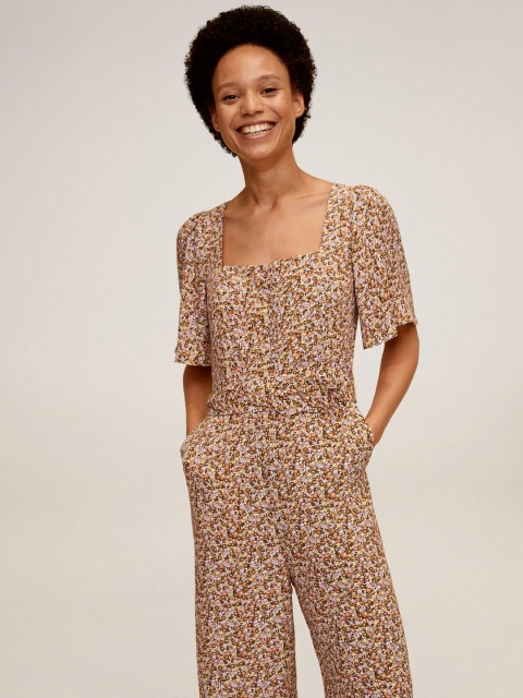 

MANGO Women Brown & Off-White Floral Print Basic Jumpsuit