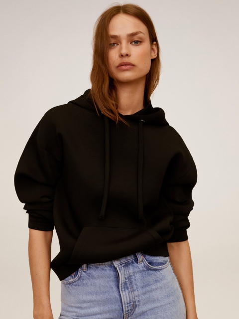 

MANGO Women Black Solid Hooded Sweatshirt
