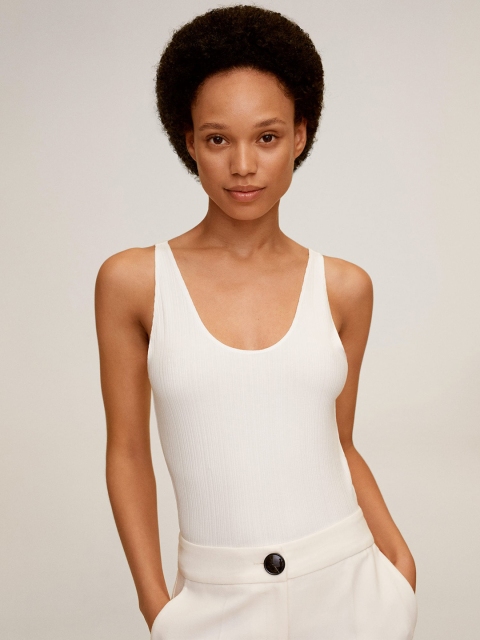

MANGO Women White Ribbed Top