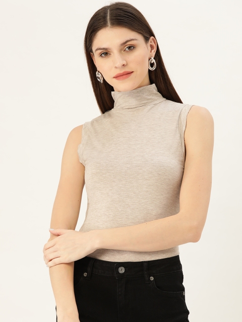 

MANGO Women Grey Melange Self Design High Neck T-shirt