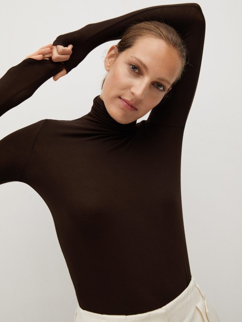 

MANGO Women Coffee Brown Solid Turtle Neck T-shirt