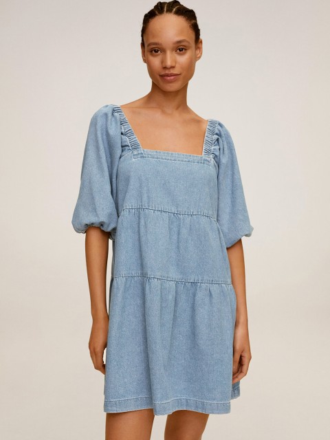 

MANGO Women Blue Solid Denim Tiered A-Line Dress
