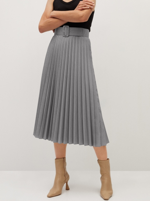 

MANGO Women Grey Solid Accordion Pleated Midi A-Line Skirt