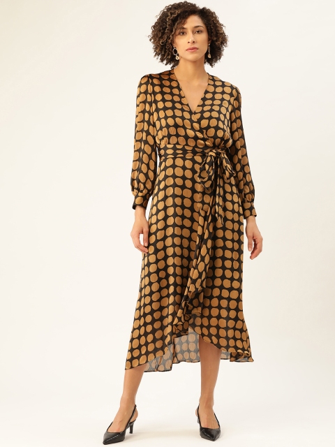 

MANGO Women Black & Mustard Brown Polka Dots Printed Midi Wrap Dress with Belt