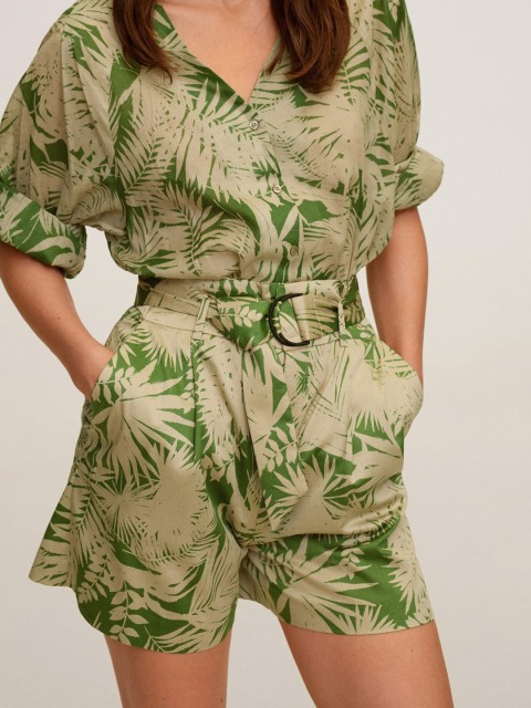 

MANGO Women Beige & Green Tropical Print Regular Fit Shorts