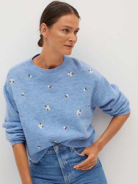 

MANGO Women Blue & White Embroidered Pullover