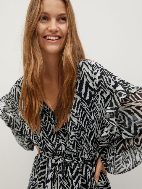 

MANGO Women Black & Green Printed A-Line Dress