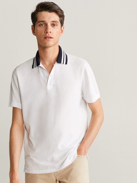 

MANGO MAN White Solid Polo Collar T-shirt