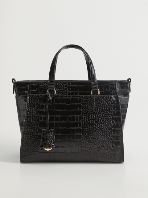

MANGO Black Croc Textured Handheld Bag with Detachable Sling Strap