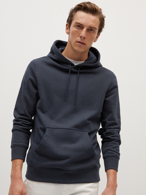 

MANGO MAN Navy Blue Solid Hooded Sweatshirt