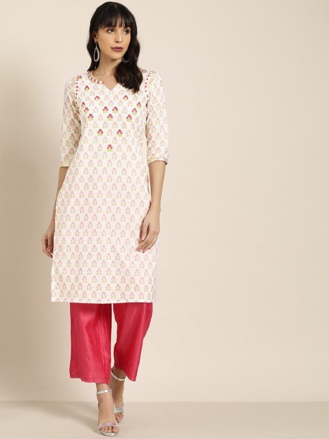 

Moda Rapido Women White & Pink Ethnic Motifs Print Straight Kurta with Embroidered Detail