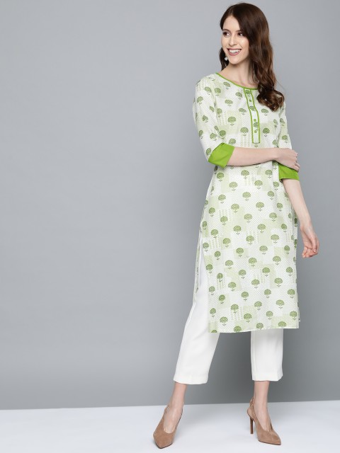

HERE&NOW Women Green & White Ethnic Motif Print Straight Kurta