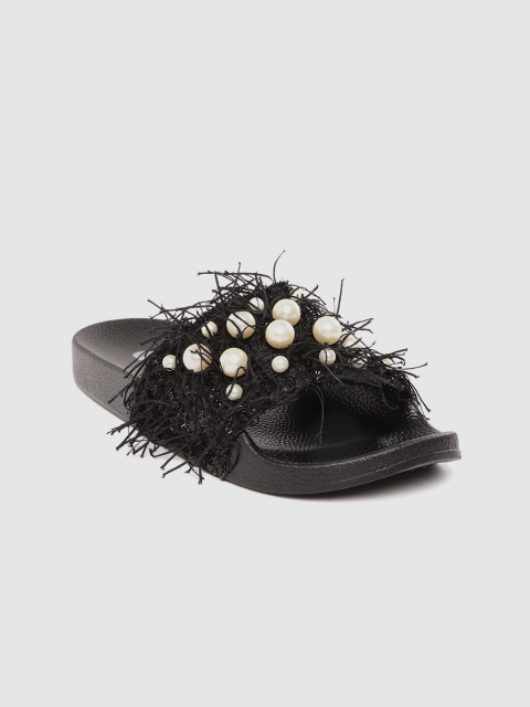 

DressBerry Women Black & Off-White Beaded Open Toe Flats with Fringed Detail