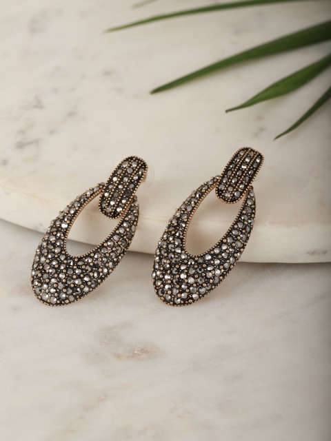 

Carlton London Charcoal Grey Gold-Plated Stone-Studded Oval Drop Earrings