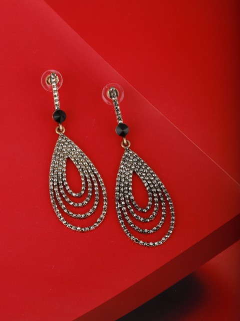 

Carlton London Charcoal Grey Gold-Plated Stone-Studded Teardrop Shaped Drop Earrings