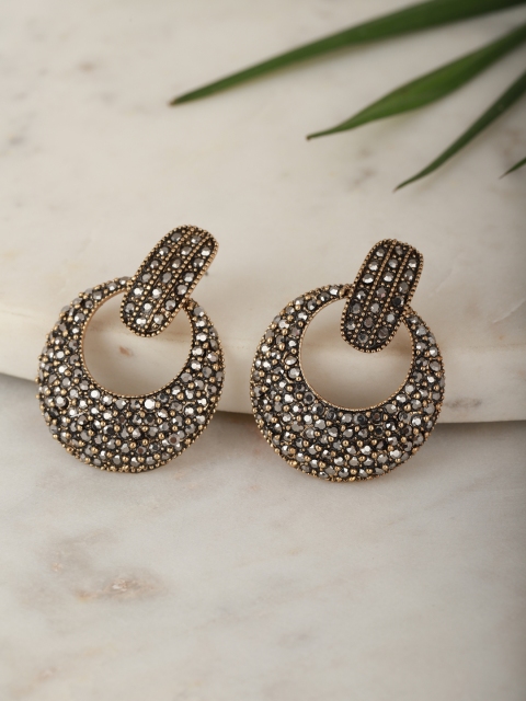 

Carlton London Black Gold-Plated Stone-Studded Oval Drop Earrings