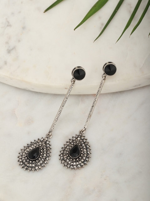 

Carlton London Oxidised Silver-Toned & Black Rhodium-Plated Stone Studded Drop Earrings