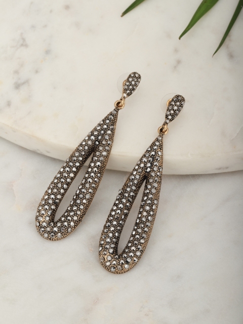 

Carlton London Charcoal Grey Gold-Plated Stone Studded Teardrop Shaped Drop Earrings