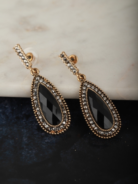 

Carlton London Black Gold-Plated Stone Studded Teardrop Shaped Drop Earrings