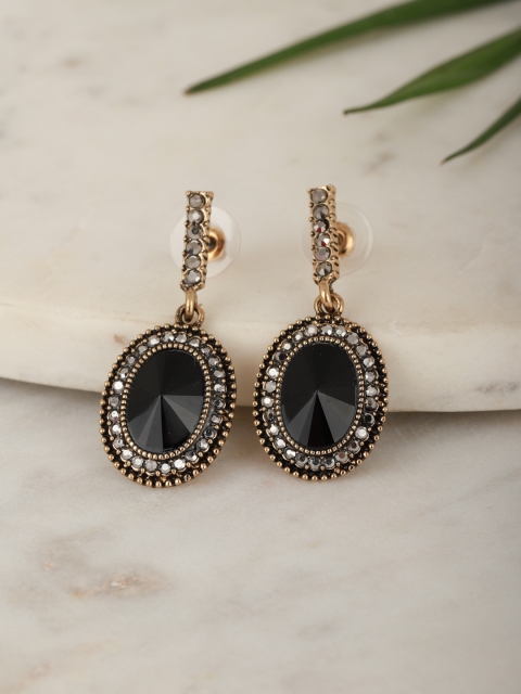

Carlton London Black Gold-Plated Stone Studded Oval Drop Earrings
