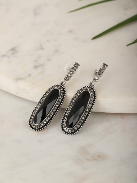 

Carlton London Oxidised Silver-Toned Rhodium-Plated Stone Studded Oval Drop Earrings