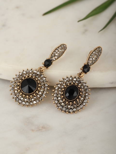 

Carlton London Gold-Toned & Black Gold-Plated Stone Studded Circular Drop Earrings