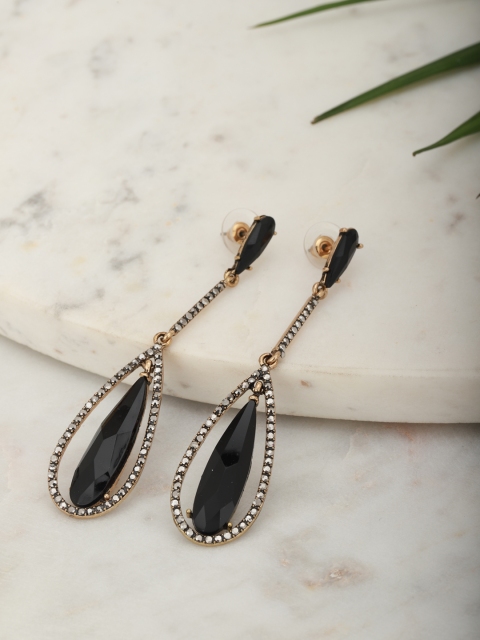

Carlton London Black Gold-Plated Stone Studded Teardrop Shaped Drop Earrings