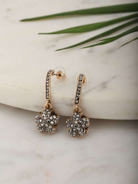 

Carlton London Charcoal Grey Gold-Plated Stone Studded Floral Drop Earrings