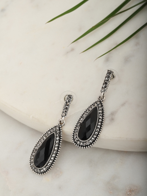 

Carlton London Oxidised Silver-Toned Rhodium-Plated Stone Studded Teardrop Drop Earrings