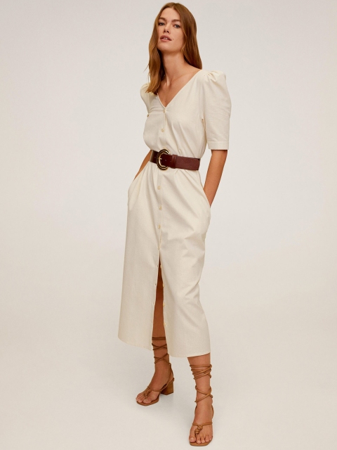 

MANGO Cream Coloured Solid A-Line Midi Dress