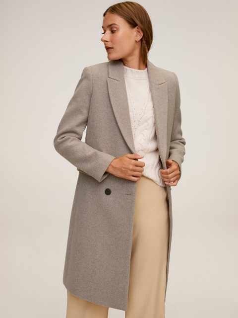 

MANGO Women Beige Double-Breasted Solid Longline Coat