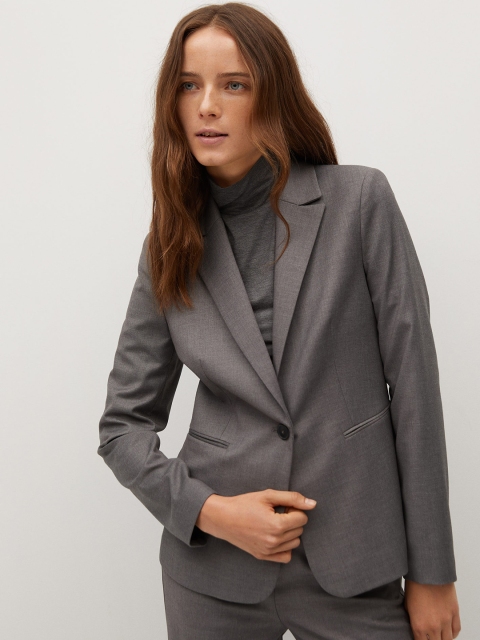 

MANGO Women Charcoal Grey Sustainable Solid Single-Breasted Formal Blazer