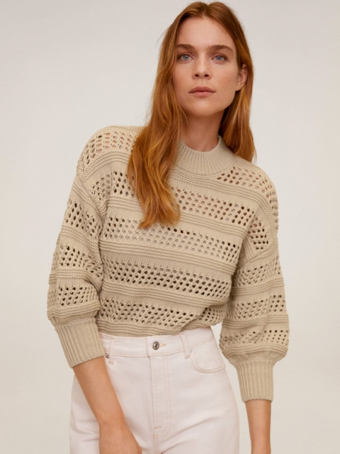 

MANGO Women Beige Open Knit Pullover
