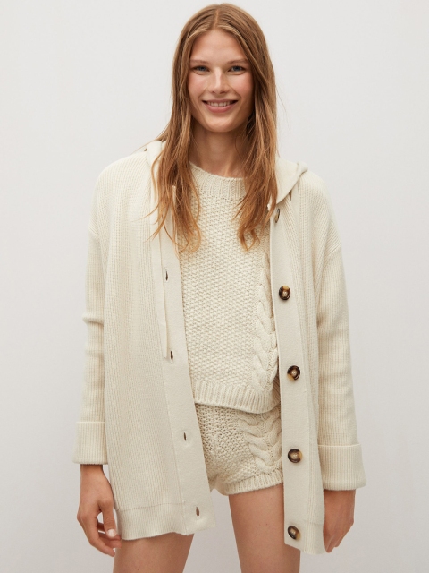 

MANGO Women Cream Self Striped Cardigan