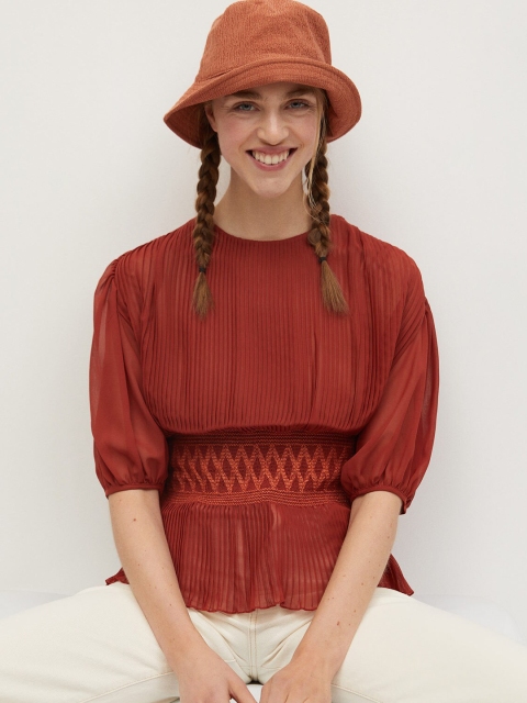 

MANGO Brown Puff Sleeve A-Line Top