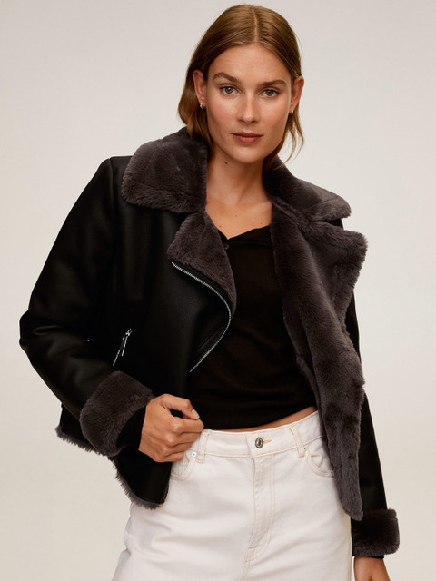 

MANGO Women Black Solid Asymmetric Closure Biker Jacket with Faux Fur