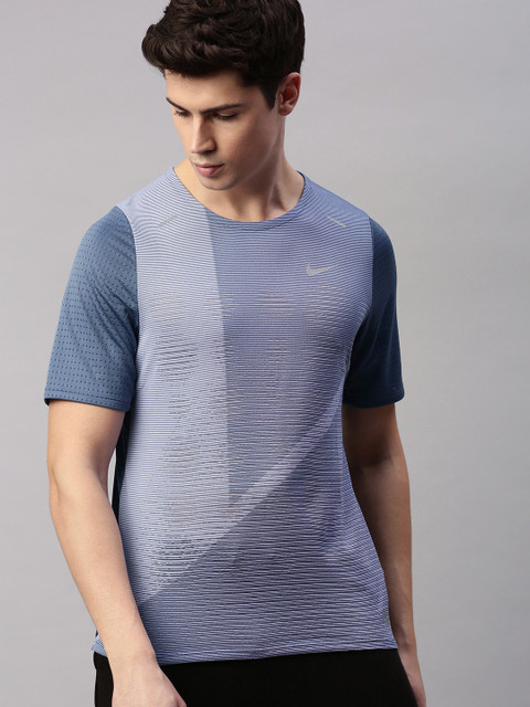 

Nike Men Blue & White Self Design Dri-Fit Running Round Neck T-shirt