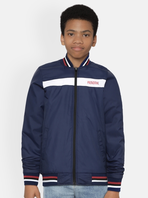 

Provogue Boys Navy Blue & White Solid Bomber Jacket