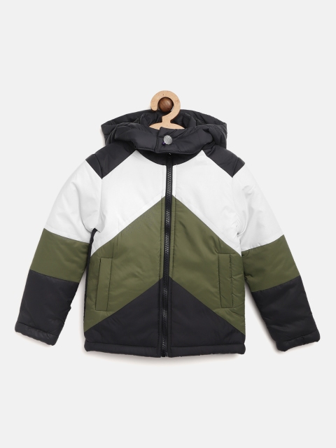 

Miss & Chief Boys White & Olive Green Colourblocked Padded Jacket with Detachable Hood