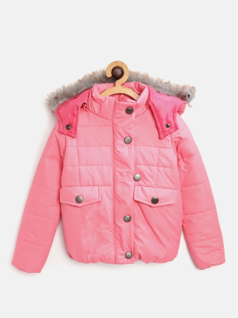 

Miss & Chief Girls Pink Solid Parka Jacket with Faux Fur Trimmed Detachable Hood