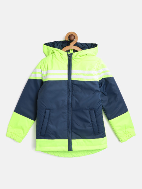 

Miss & Chief Boys Navy Blue & Fluorescent Green Colourblocked Hooded Tailored Jacket