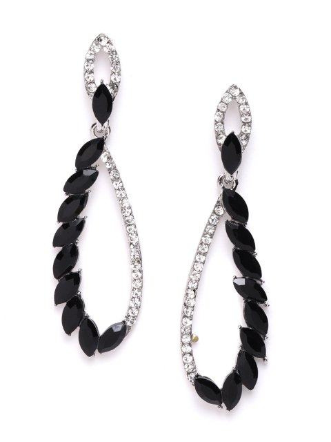 

YouBella Black Silver-Plated Stone-Studded Teardrop-Shaped Drop Earrings